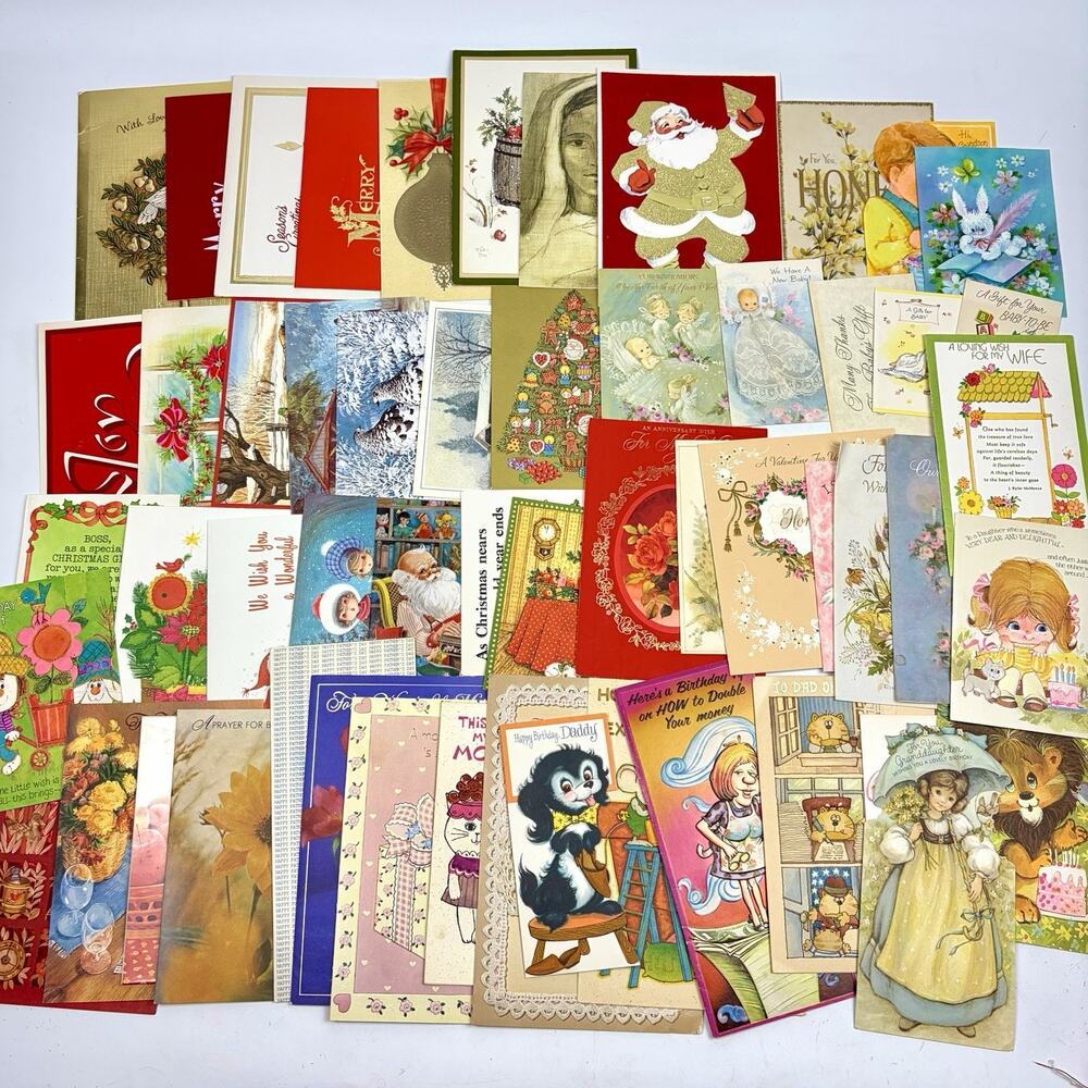Vtg Lot of 55 Greeting Cards Ephemera Birthday Baby Marriage Christmas Craft